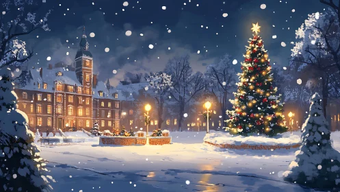 Snowy town square with illuminated Christmas tree at night.