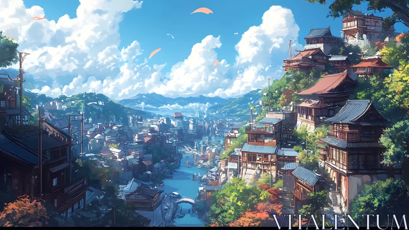 Tiered riverside townscape stacks wooden houses under deep clouds