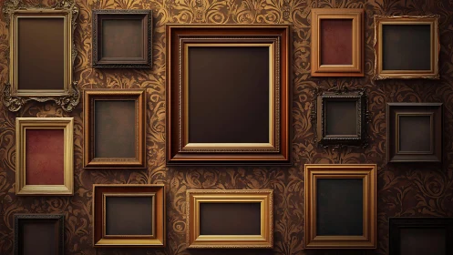 Ornate empty frames parade across baroque storybook wallpaper.