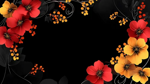 Floral arrangement with red and yellow flowers on black background.