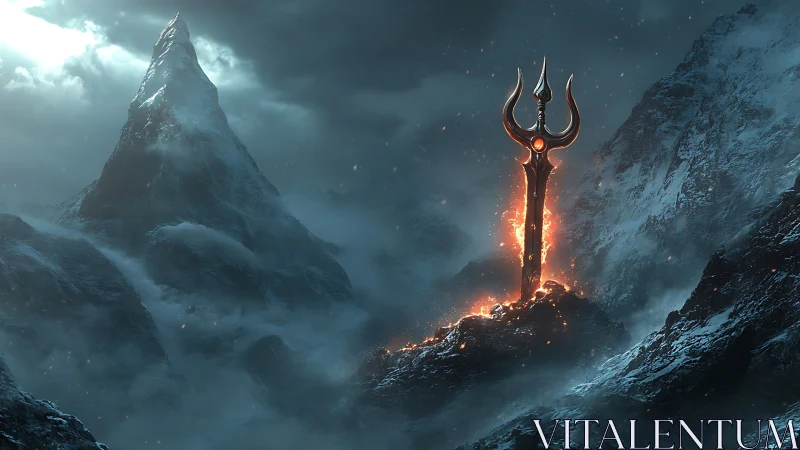 Flaming trident monolith illuminates glacial mountain pass