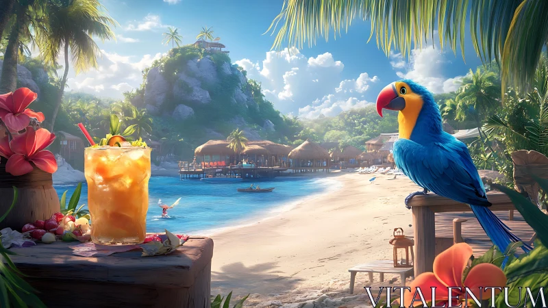 Colorful parrot and tropical drink welcoming a sunny beach escape.