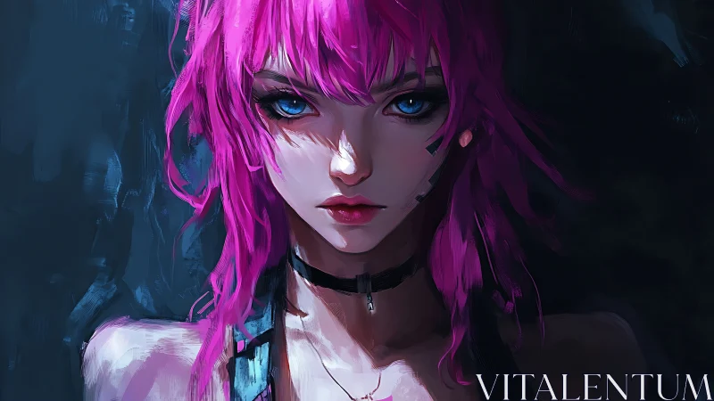 Cyberpunk girl with neon hair stares into deep shadow