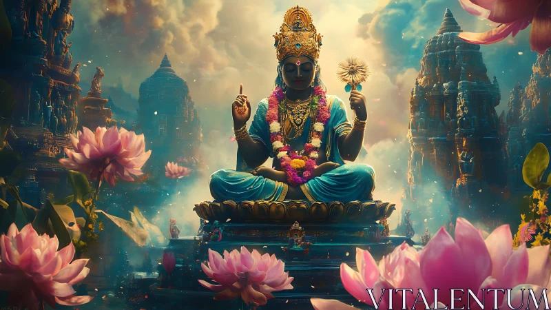 Divine lotus deity amid luminous temple spires at dusk.