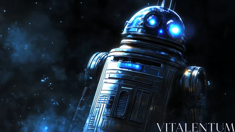 High-contrast 3D droid portrait with luminous nebula backdrop.