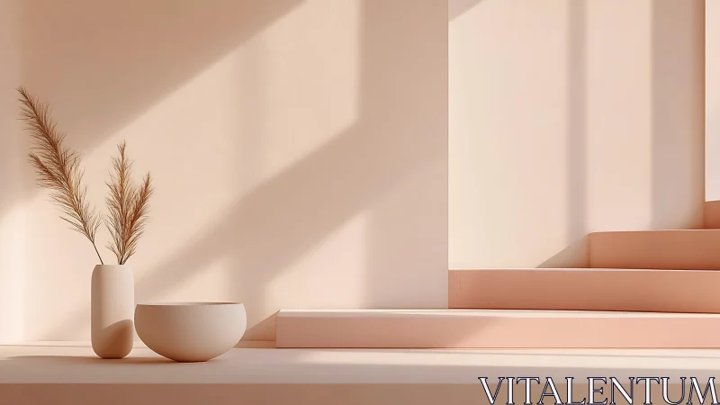 Sunlit neutral still life with vases on pastel steps.