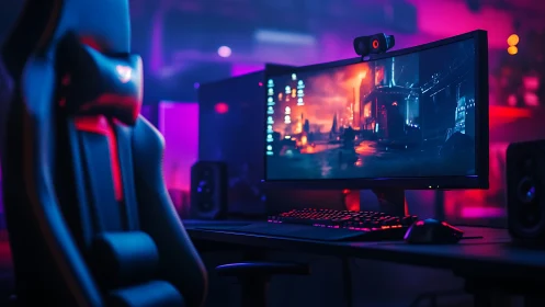 Curved monitor gaming workstation with RGB ambient lighting.