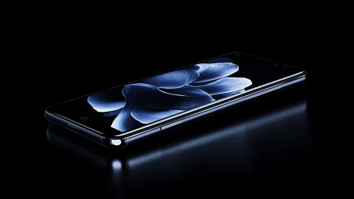 Premium smartphone with curved OLED display showcasing abstract blue fluid morphology