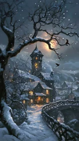 Cozy winter village glowing under a dreamy moonlit snowfall.