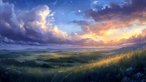 Sunset clouds over wide valley and glowing hillside field.