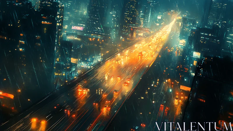 Neon rainfall over a blazing cyber-highway river of light.