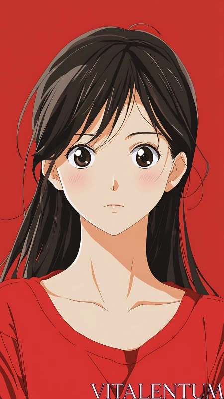 Centered anime portrait of brown‑haired girl on red field