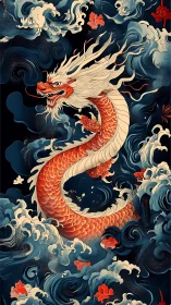 Serpentine dragon arcs through stylized ocean waves in dynamic motion