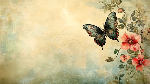 Butterfly hovers above red flowers on textured beige background