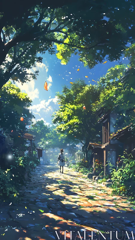 Sunlit village lane where wandering daydreams take root.