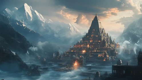 Tiered citadel complex amid glaciated alpine basin at dusk.