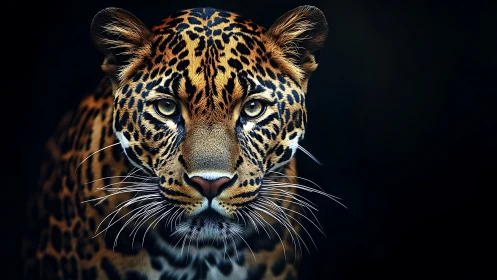 Golden-eyed leopard gazes calmly into the quiet darkness