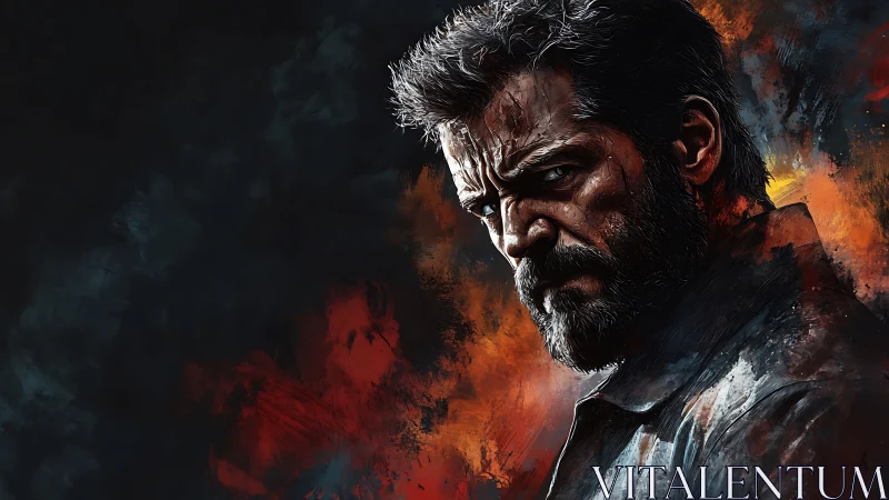 Brooding warrior framed by fiery, painterly shadows of dusk.