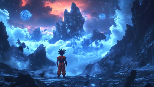 Anime warrior observes glowing cosmic landscape from cliff edge