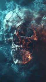 Burning chrome skull emerges through cyan and ember smoke.