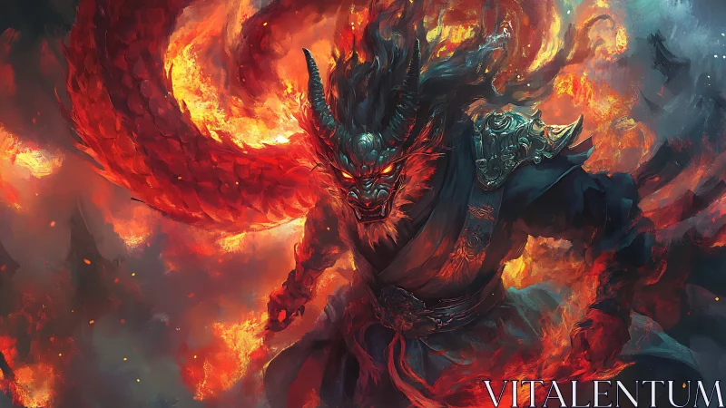 Infernal oni warlord emerging through swirling dragonfire.