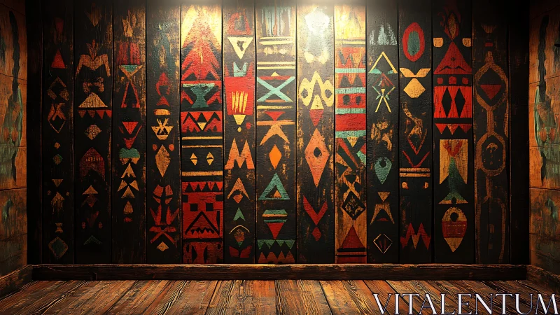 Geometric tribal wall panel glows warmly in rustic timber room
