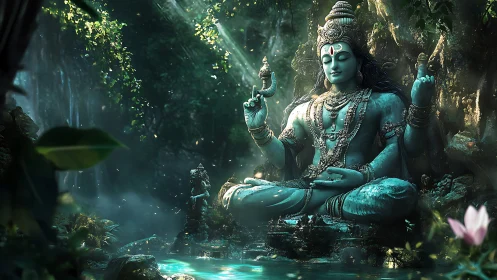 Seated stone deity figure in dense forest grotto setting.