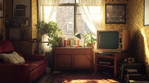 Photorealistic retro living room with warm window light focus.