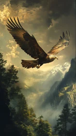Majestic eagle gliding over sunlit mountain valley skies.