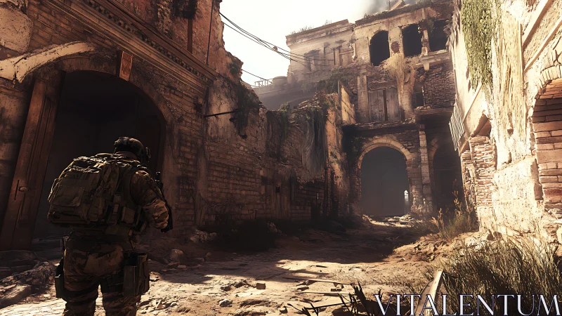 Lone soldier exploring a sunlit, war torn stone alleyway.