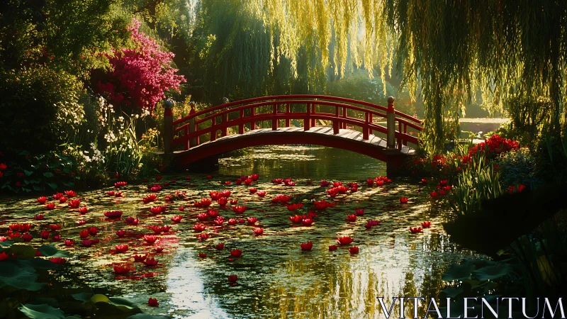 Red garden bridge arches over sunlit lily pond