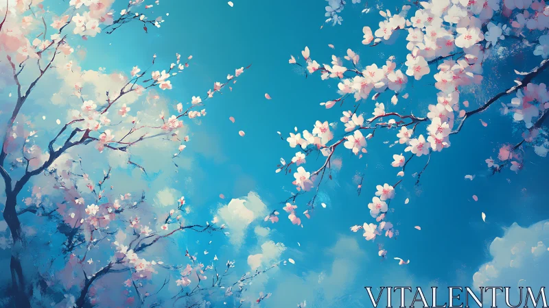 Digital cherry blossoms against bright spring sky.