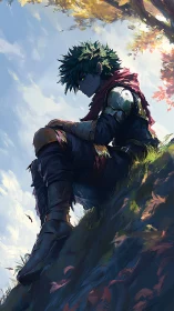 Brooding green-haired hero resting on an autumn cliff edge.