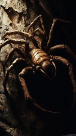 Towering cave spider rests against rugged stone wall