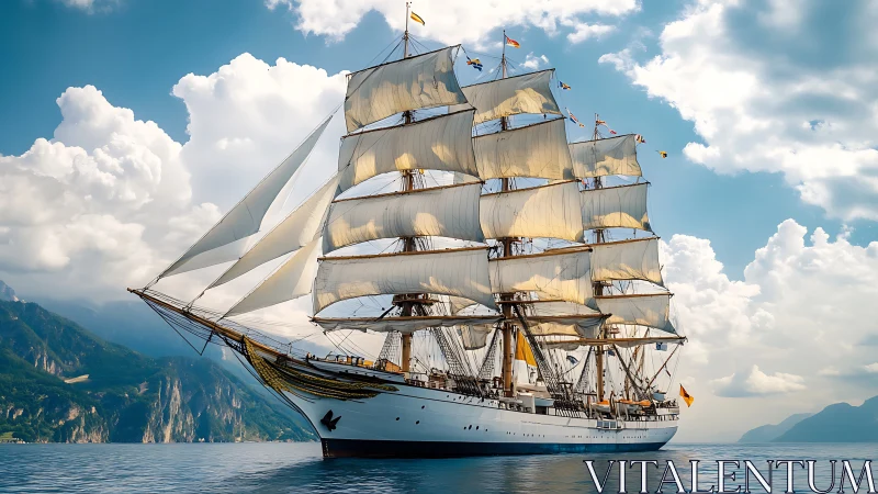 Square-rigged barque under full sail in alpine coastal light.