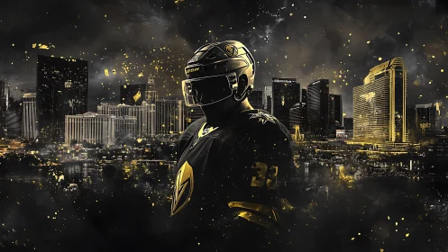 Hockey hero glowing with city lights and bold golden energy.