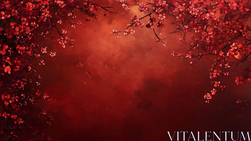 Floral branches with blossoms arranged against deep red gradient background