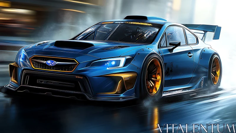 Blue street racer slicing through neon night rainstorm.