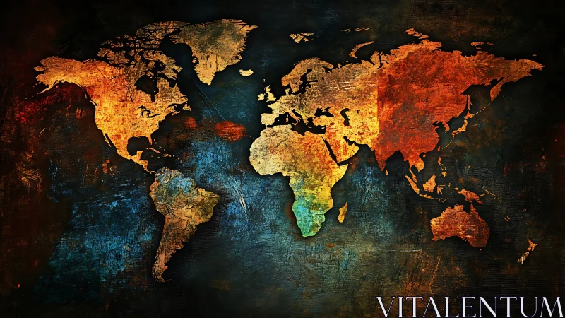 Grunge world map glows with warm textured continents
