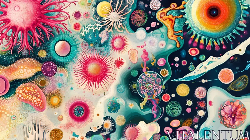 Playful microscopic cosmos bursting with swirling color.