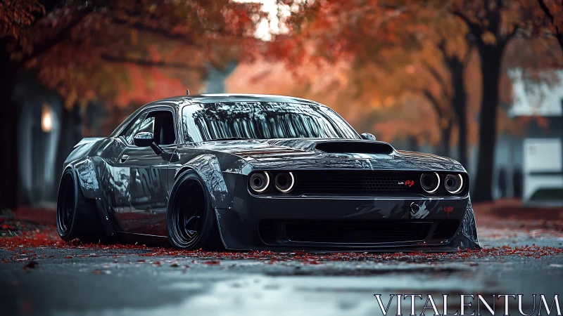 Widebody muscle car dominates wet autumn street scene.