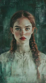 Freckled girl in braids gazes through timewashed silence.