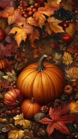 Central pumpkins are surrounded by dense autumn foliage