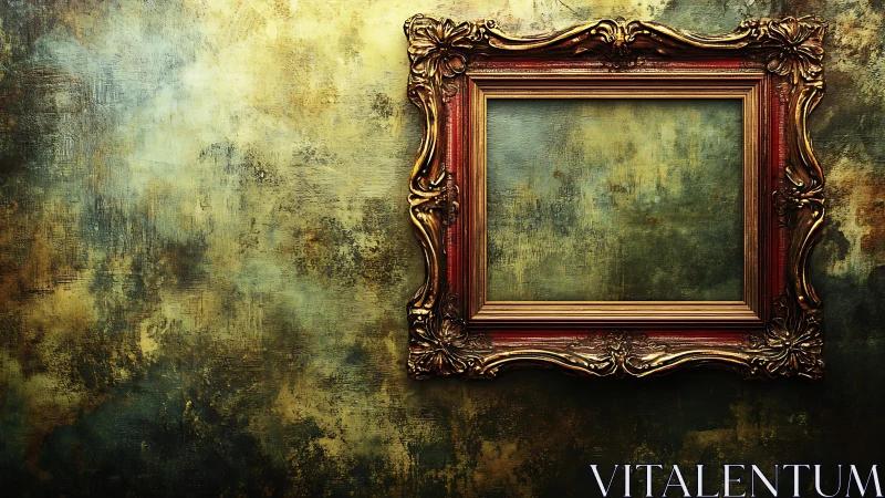 Gilded empty frame dreaming on a weathered green wall.