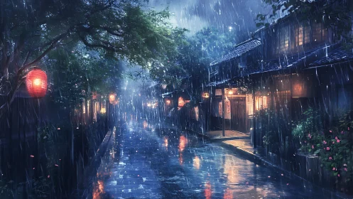 Rain-soaked lantern street reflects neon dusk glow.