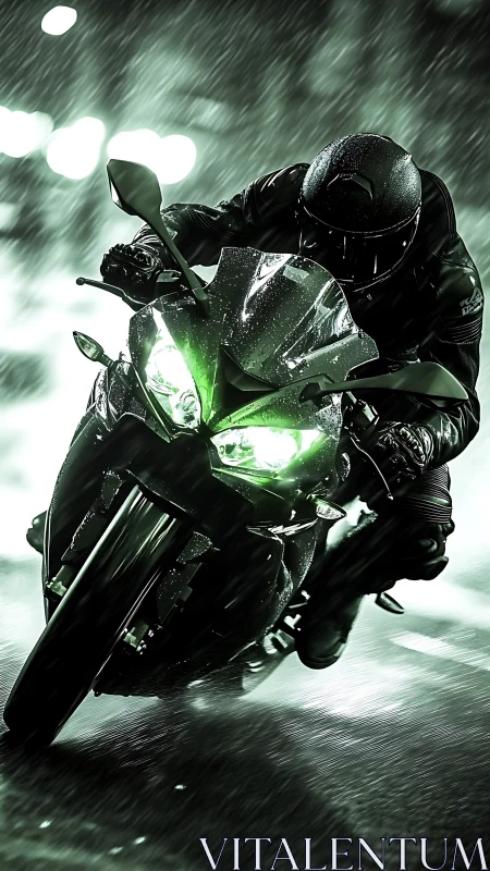 Motorcycle rider in rain with green headlight illumination.