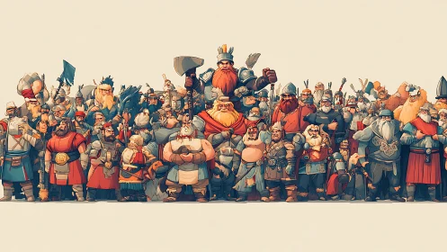 Stylized fantasy dwarf army lineup in full battle regalia