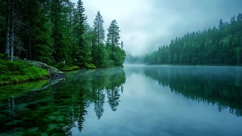 Peaceful forest lake wrapped in soft morning mist.