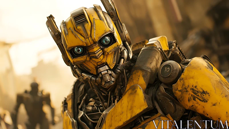 Yellow battle robot portrait in cinematic urban ruins.