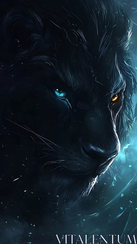 Close-up dark panther portrait with glowing dual eyes.